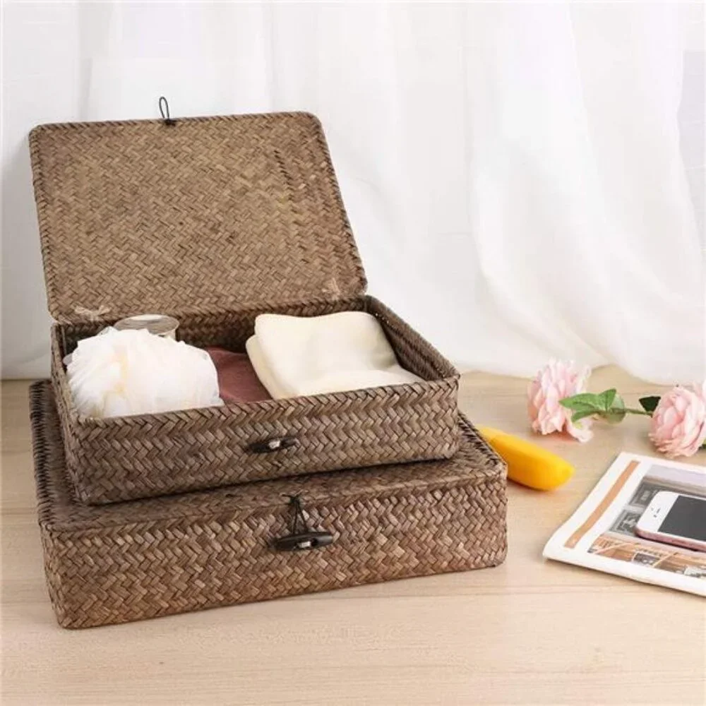 Set of 2 Flat Woven Wicker Storage Bins with Lid Natural Seagrass Basket